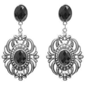 Silvertone Metal Antique Look Black Stone Drop Earrings
